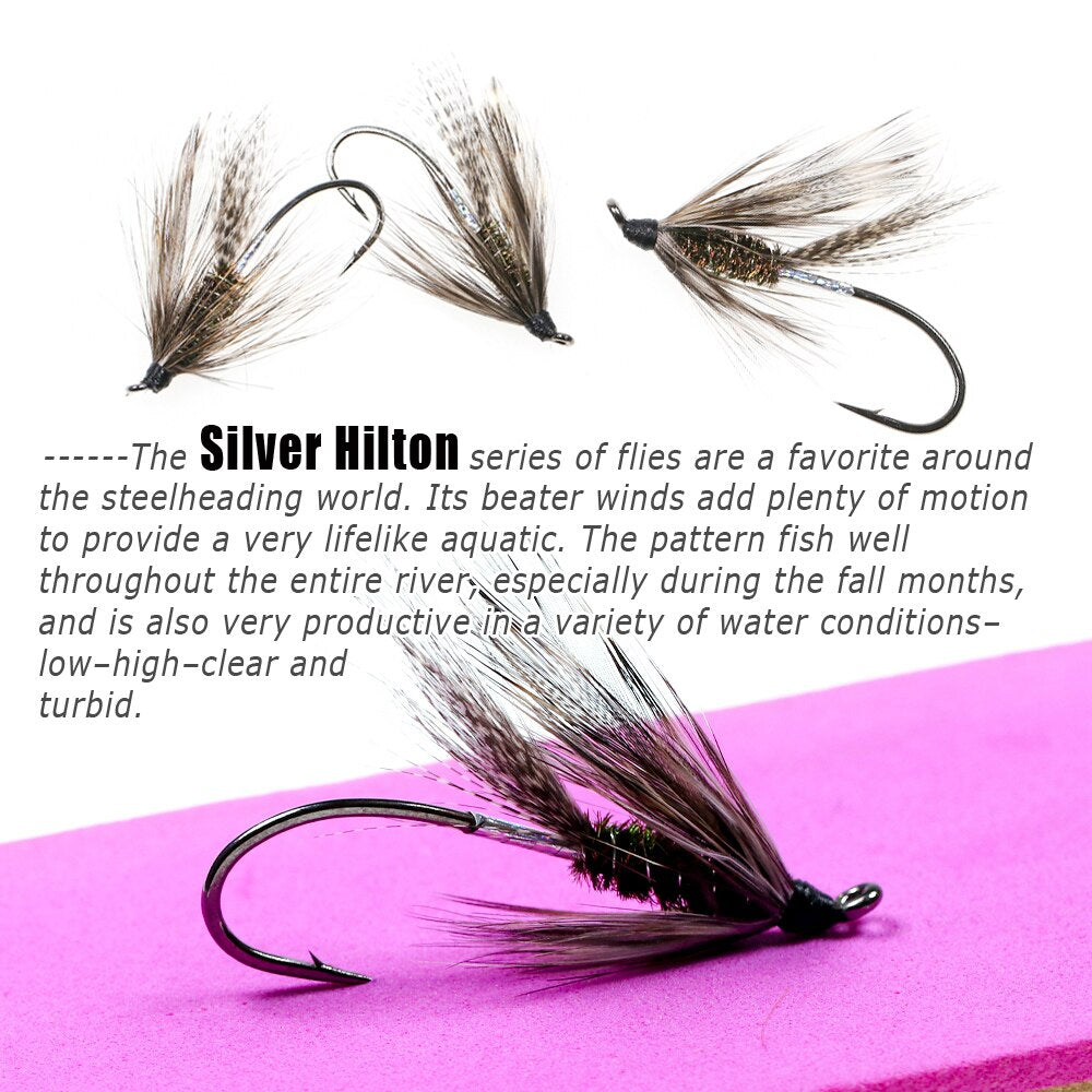 Bimoo 6PCS #2 #4 #6 Silver Hilton Steelhead Fly Silver Butt Steelheading Trout Salmon Hook River Fishing Flies Lure Baits