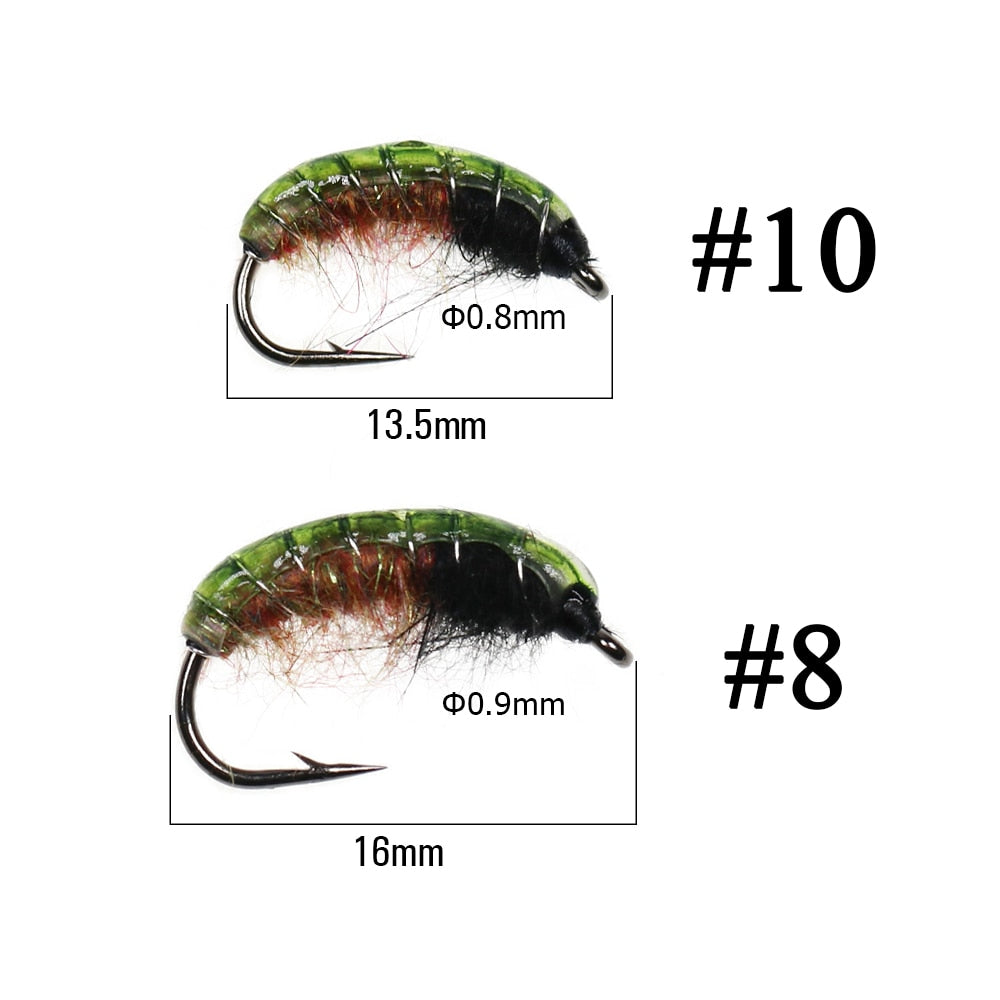 ICERIO 6PCS UV Green Back Nymphs Scud Bug Worm Flies with Barbed Hook Trout Fishing Fly Lure Bait