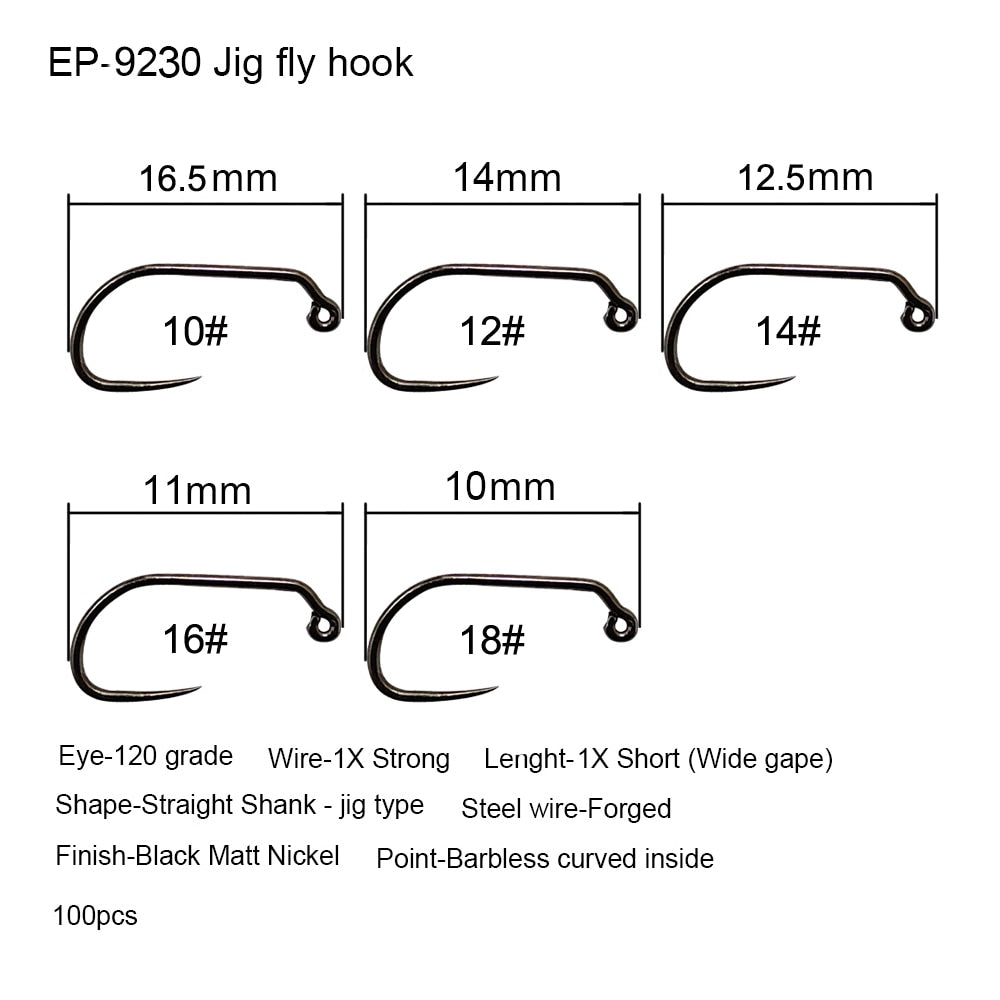 Eupheng 100pcs Competition Barbless Fly Fishing Hook Tying Materails Dry Nymph Shirmp Wet Caddis Fly Hook Black Nickle