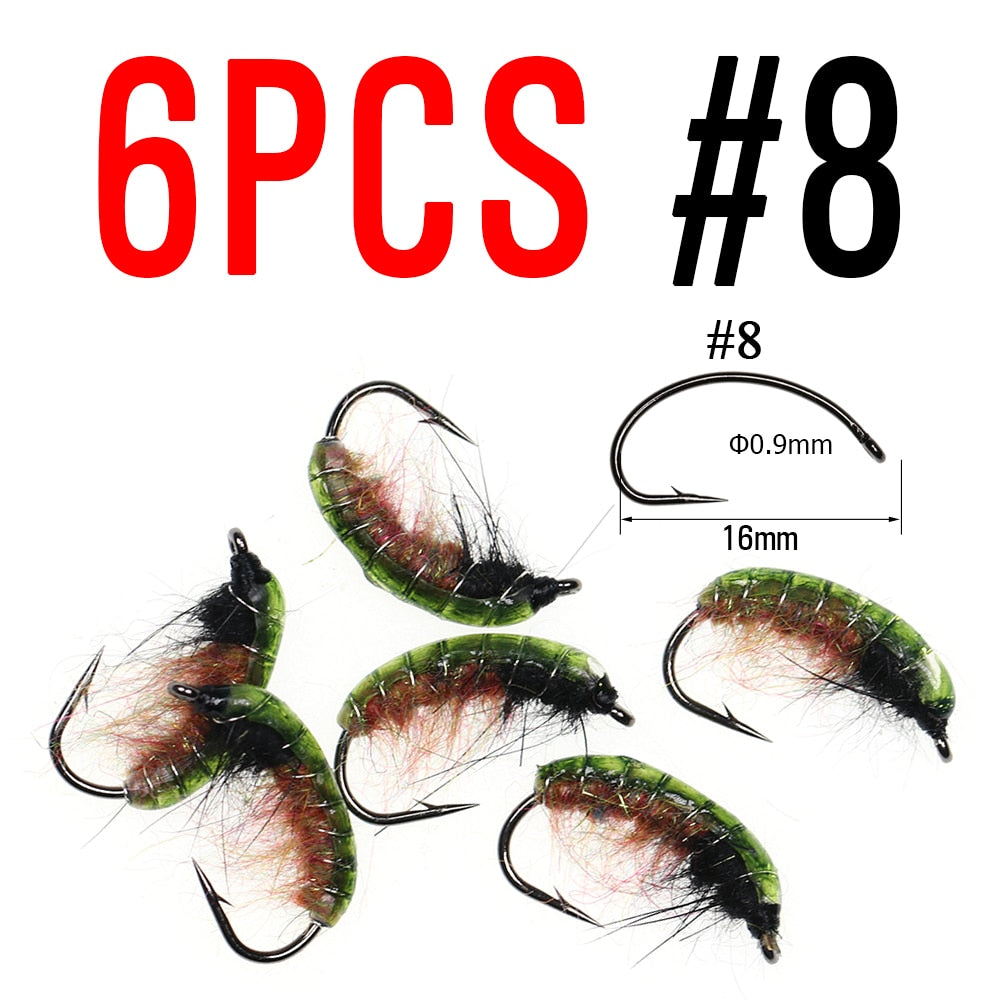 ICERIO 6PCS UV Green Back Nymphs Scud Bug Worm Flies with Barbed Hook Trout Fishing Fly Lure Bait