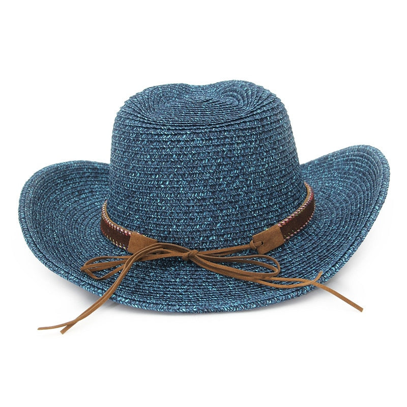 GEMVIE Western Cowboy Hat Sun Hat For Men Cowgirl Summer Hats For Women Lady Straw Hat With Alloy Feather Beads Beach Cap Panama