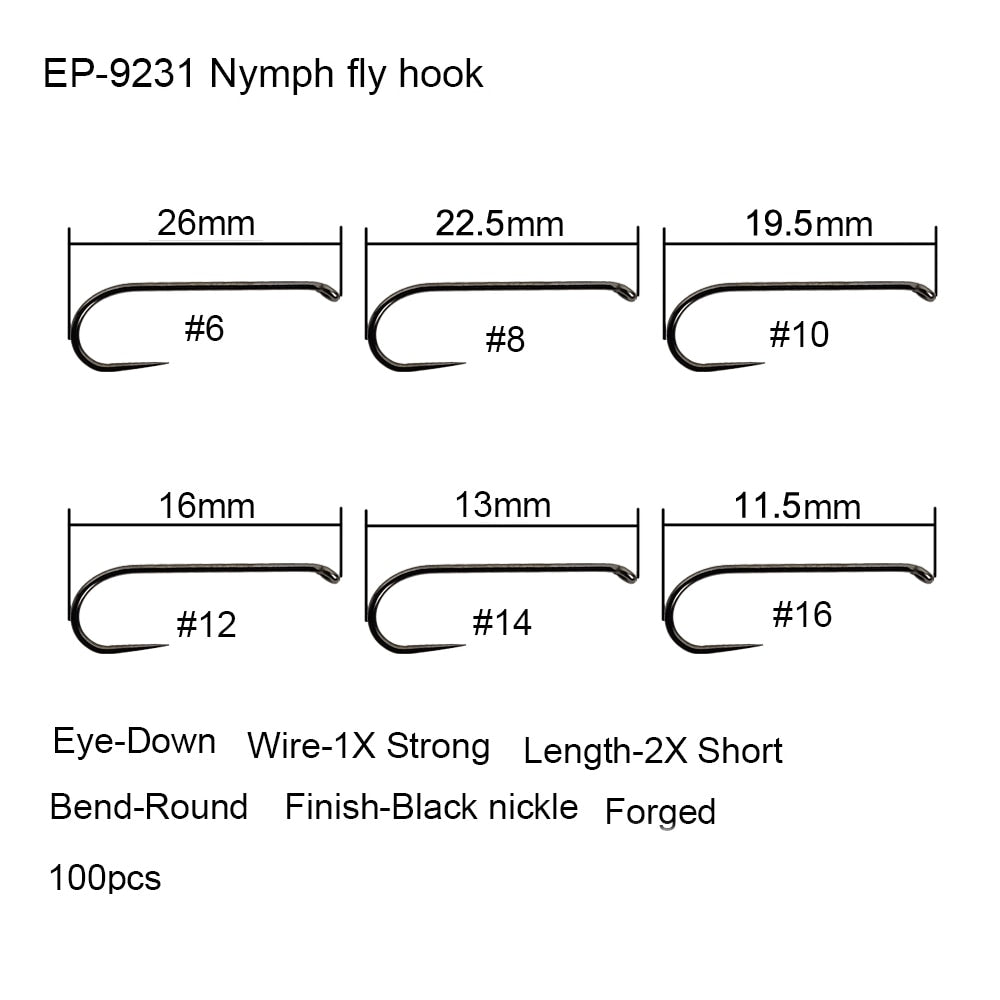 Eupheng 100pcs Competition Barbless Fly Fishing Hook Tying Materails Dry Nymph Shirmp Wet Caddis Fly Hook Black Nickle