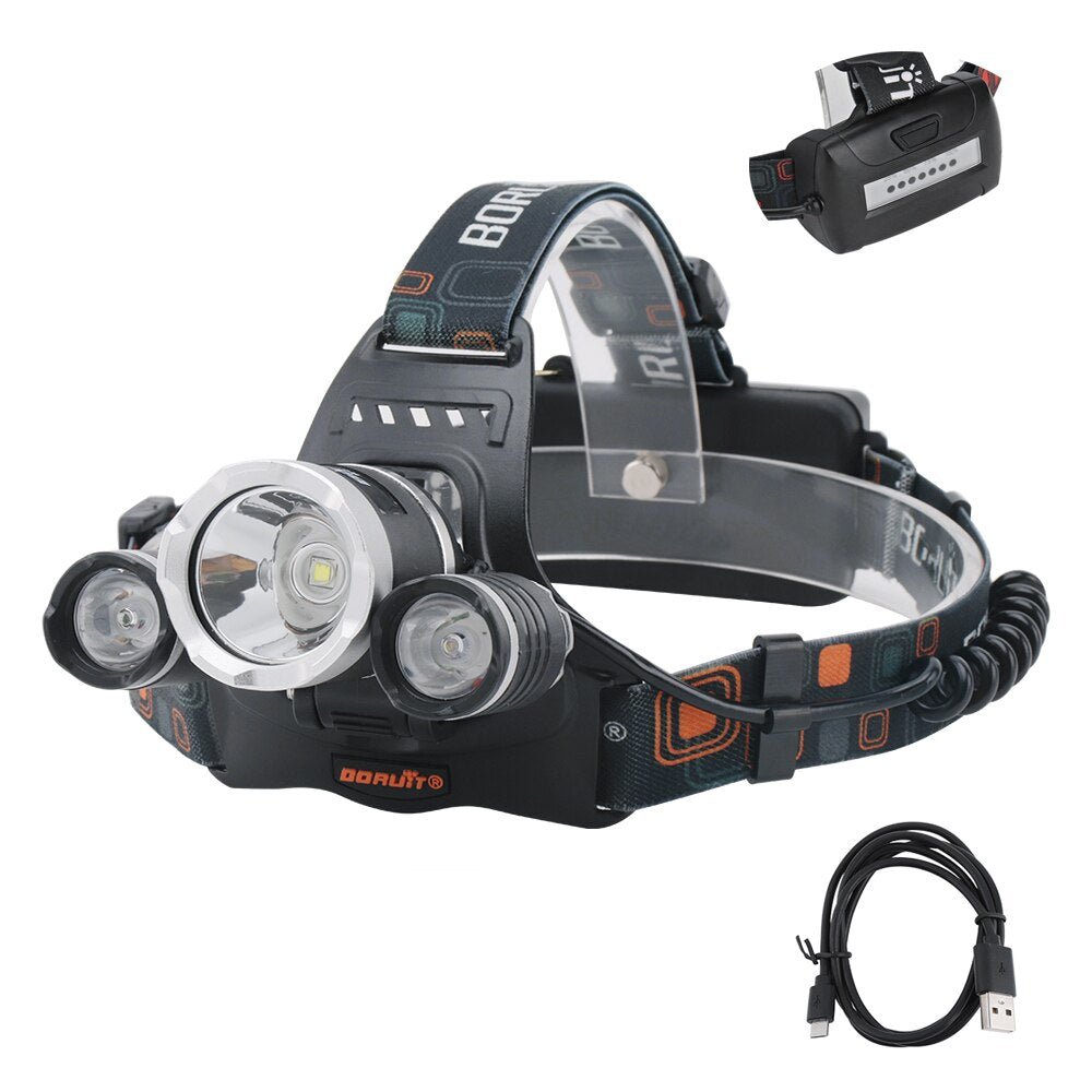 BORUiT RJ-3000 XM-L2 Powerful Headlamp 3000LM 4-Mode Headlight Rechargeable 18650 Waterproof Head Torch for Fishing Hunting