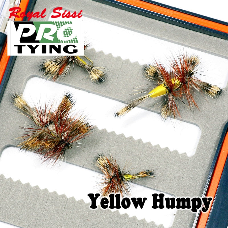 Royal Sissi 4pcs pack 2styles assorted 12#14# artificial yellow humpy gadfly insect lure fly surface water trout fishing flies