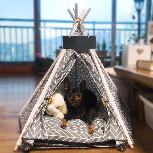 Pet Teepee Dog Cat Bed White Canvas Dog Cute House Portable Removable and Washable Dog Tents for Dog Puppy Cat (with Cushion)