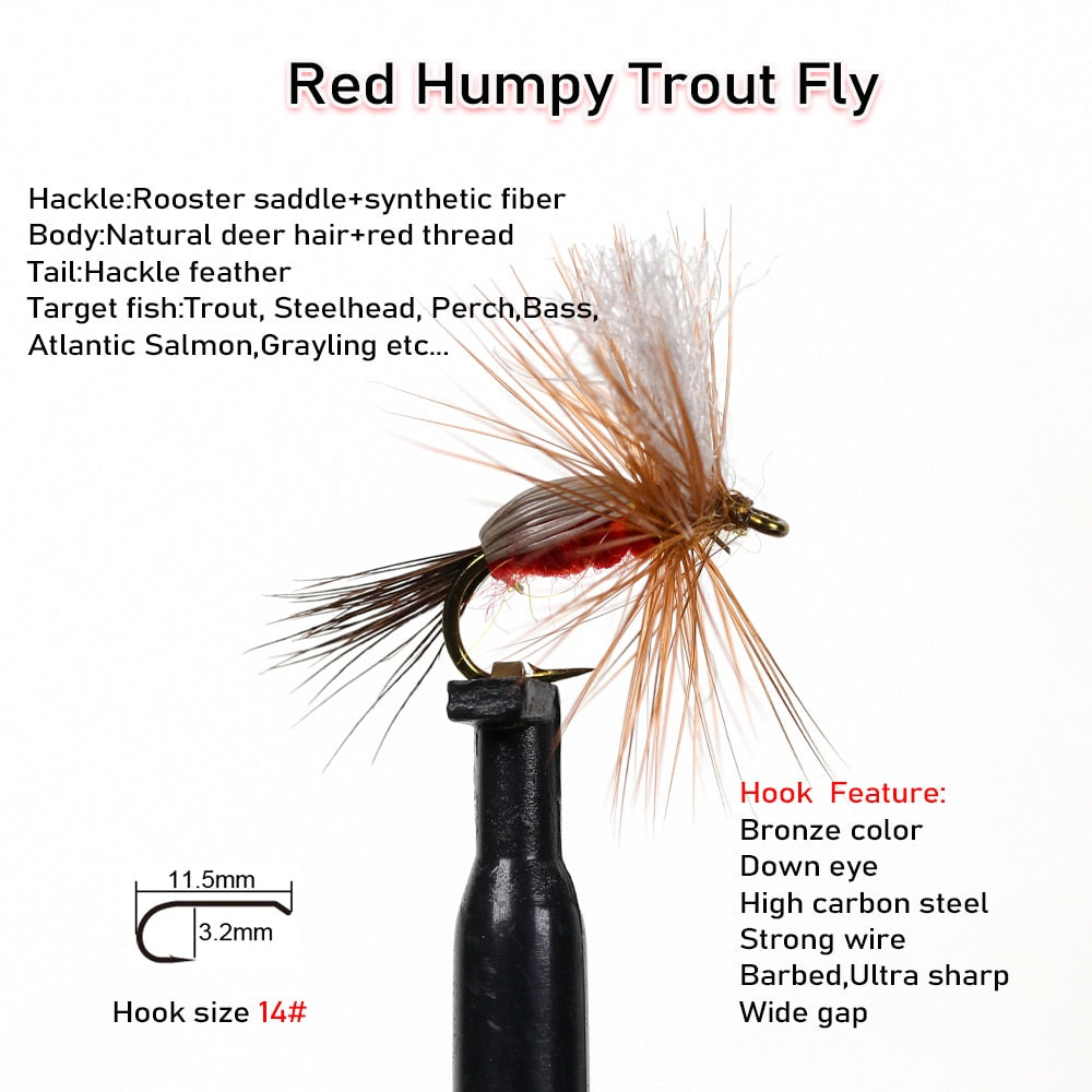 Vampfly Red Humpy Trout Flies Parachute Adams Irrestible Dry Fly Tied With Bronze Color Barbed Hook Steelhead Fishing Lure Bait