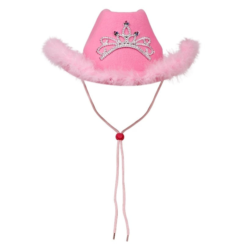 Western Style Cowboy Hat Pink Women Girls Birthday Party Caps with Feather Sequin Decoration Crown Tiara Night Club Cowgirl Hats