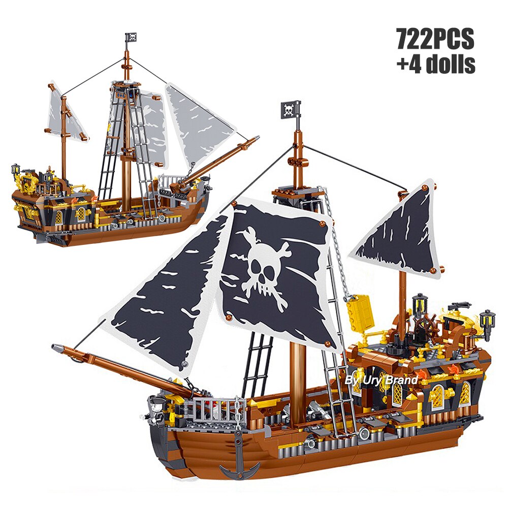 Pirates Ship Adventure Ideas Black Boat Island Storm Vessel Flagship Movie Building Blocks Houseboat Model Toy for Kid Xmas Gift
