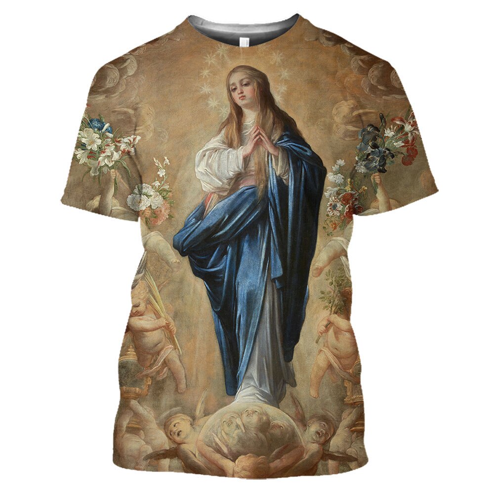 Men and Women&#39;s Summer Gwada Ladu Virgin Mary Catholic 3D Printed T -shirt, O Leading Short -sleeved Top.