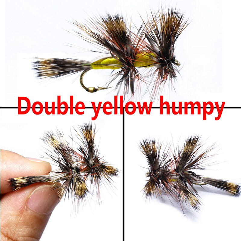 Hot 4pcs boxed high visible 12#14#yellow humpy classic trout fly dry fly lures fast water attractor big humpy fishing fliesbody