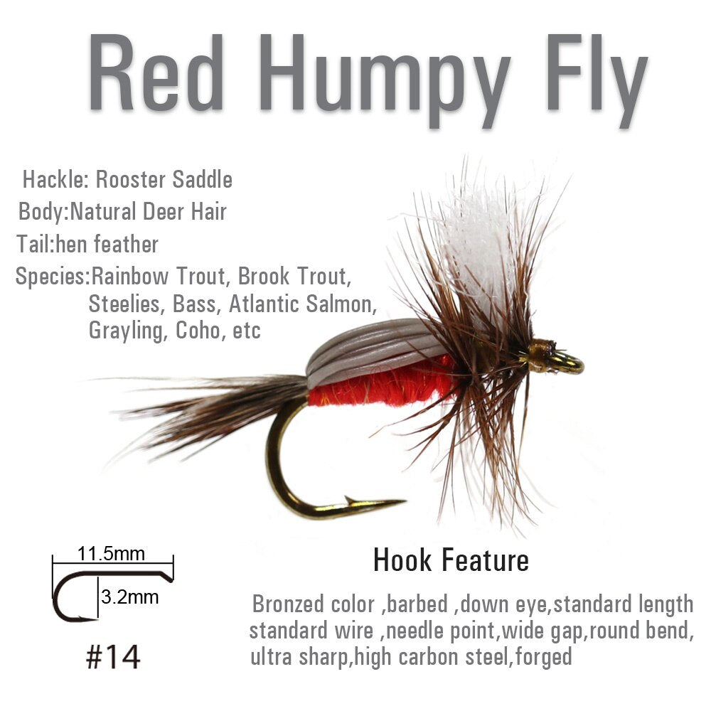 Vtwins 14# Red Humpy Dry Flies Mayflies Attractors Steelies Bass Atlantic Salmon Grayling Coho Fly Fishing Lures Trout Flies