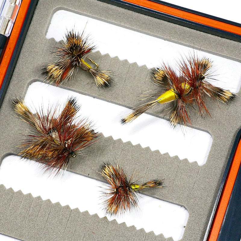 Hot 4pcs boxed high visible 12#14#yellow humpy classic trout fly dry fly lures fast water attractor big humpy fishing fliesbody