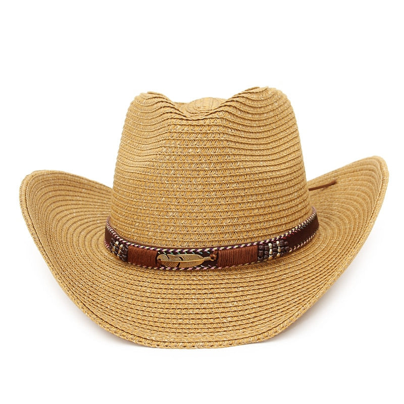 GEMVIE Western Cowboy Hat Sun Hat For Men Cowgirl Summer Hats For Women Lady Straw Hat With Alloy Feather Beads Beach Cap Panama