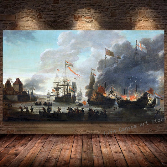 Retro The Second Anglo-Dutch War Sailing Ship Battleship Art Poster Canvas Painting Wall Print Picture Modern Home Decor Cuadros