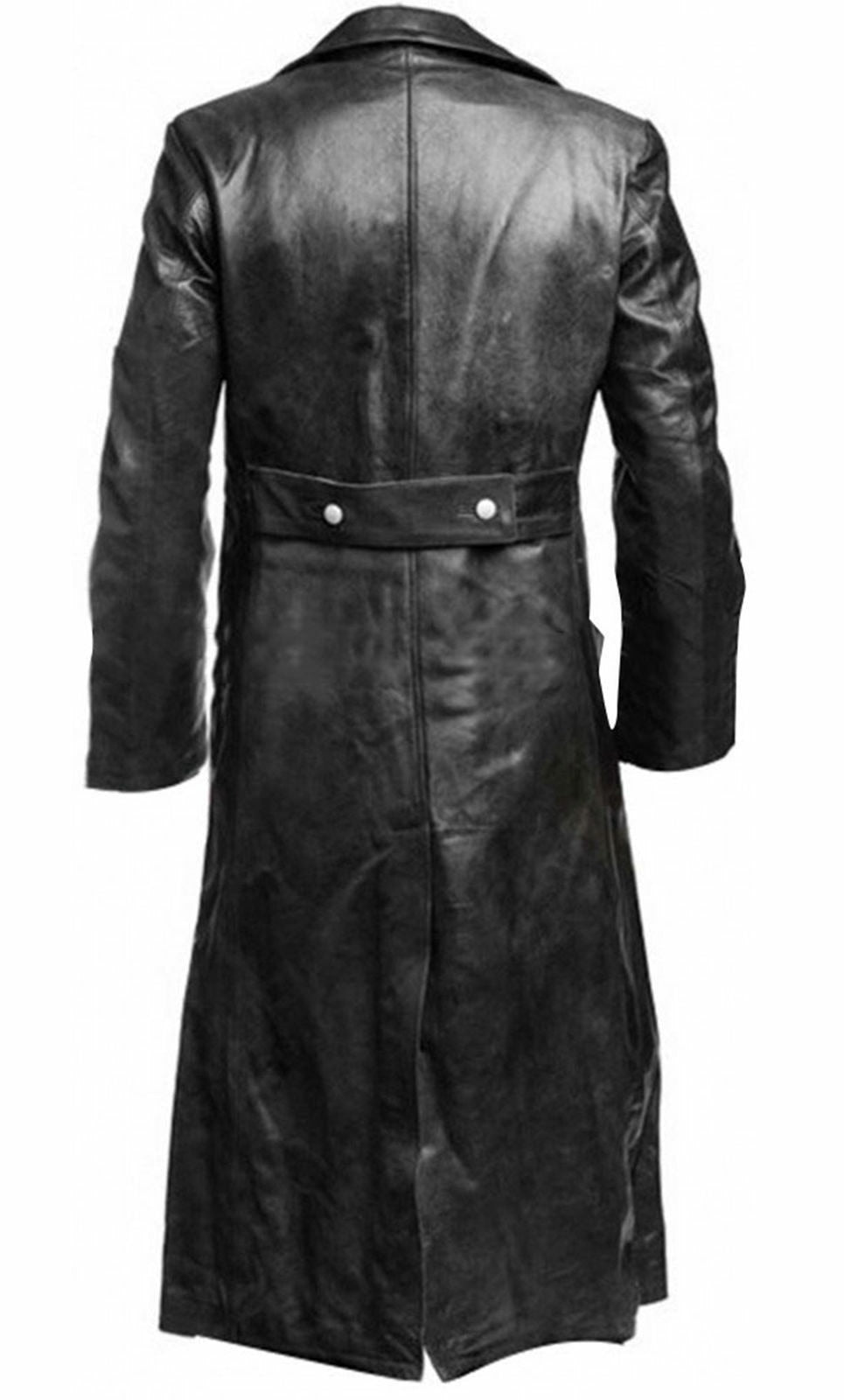 MEN&#39;S GERMAN CLASSIC WW2 WWII MILITARY UNIFORM OFFICER BLACK REAL LEATHER TRENCH COAT