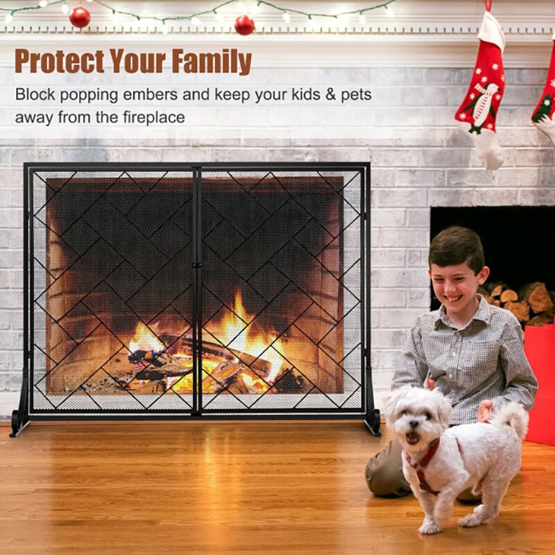 3-Panel Folding Wrought Iron Fireplace Screen with Doors and 4 Pieces Tools Set Protect Kids and Little Puppies From Fire