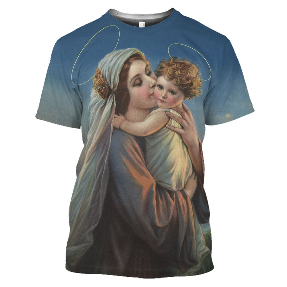 Men and Women&#39;s Summer Gwada Ladu Virgin Mary Catholic 3D Printed T -shirt, O Leading Short -sleeved Top.