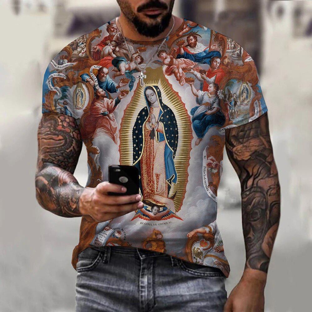 Jesus God Virgin Mary Catholic 2023 New Four Seasons Explosive T-shirt Men&#39;s Casual Fashion 3D Printing God Short Sleeve Church