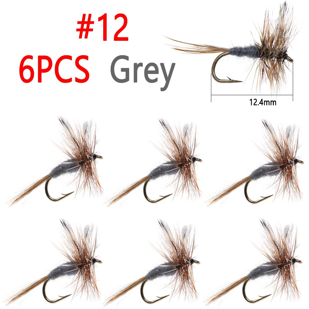 Bimoo 6PCS #10~#16 Grizzly Brown Hackle Adams Dry Fly Barbed Fly Hook May Fly Midge Fly Trout Fishing Lures Baits Grey Yellow