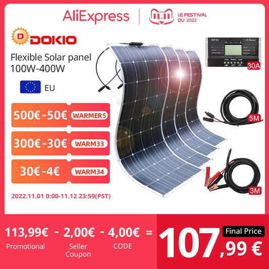Dokio 18V/16V 100W 200W 400W Flexible Solar Panel Sets For Car/Home Waterproof Monocrystalline Solar China Charge 12V Battery