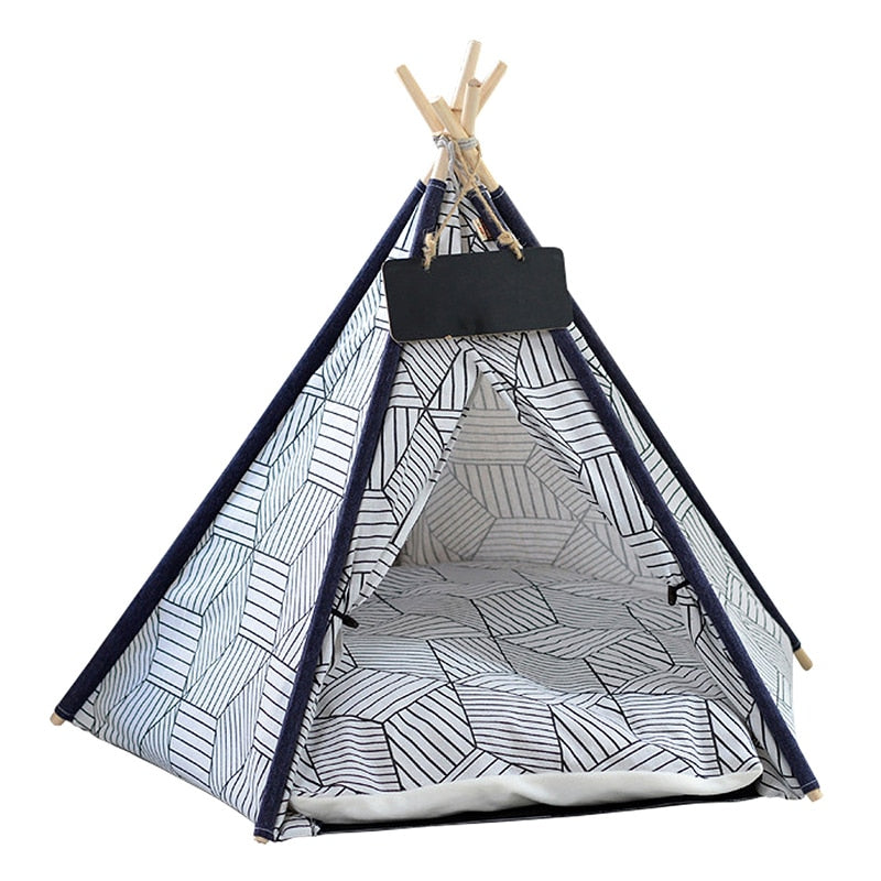 Pet Teepee Dog Cat Bed White Canvas Dog Cute House Portable Removable and Washable Dog Tents for Dog Puppy Cat (with Cushion)