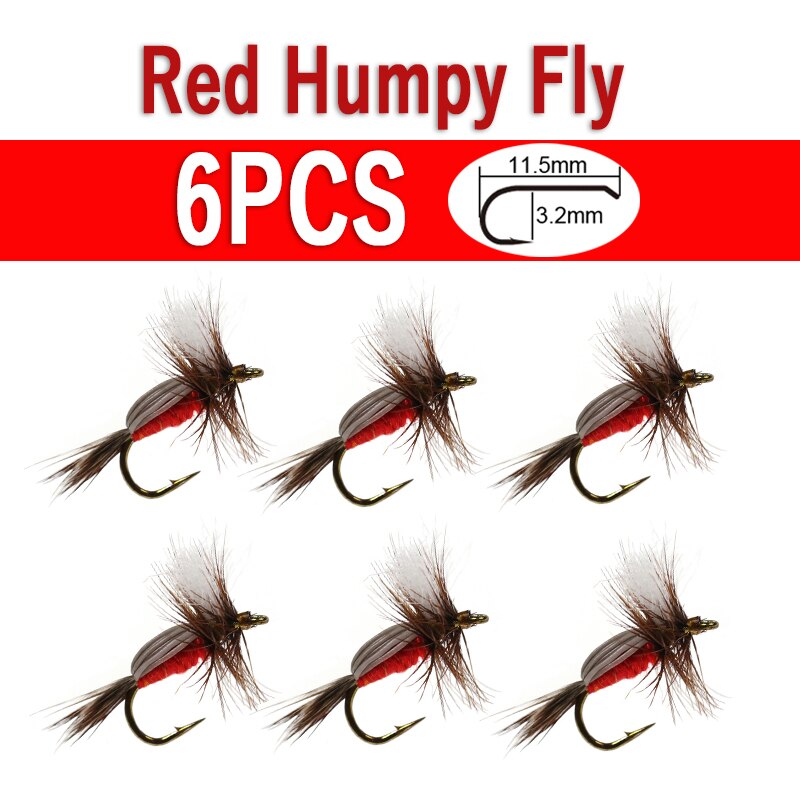 WIFREO 6pcs Red Humpy Fly Floating Trout Fly Imitate Mayfly Caddis Species Buoyant Fast Water Attractor Fly Fishing Lure Baits