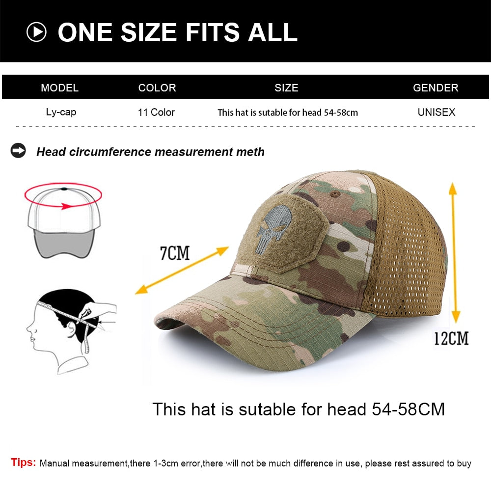 Camouflage Military Tactical Baseball Cap Outdoor Hunting Skull Trucker Hat Mesh Adjustable Snapback Sun Visor Caps Mens Womens