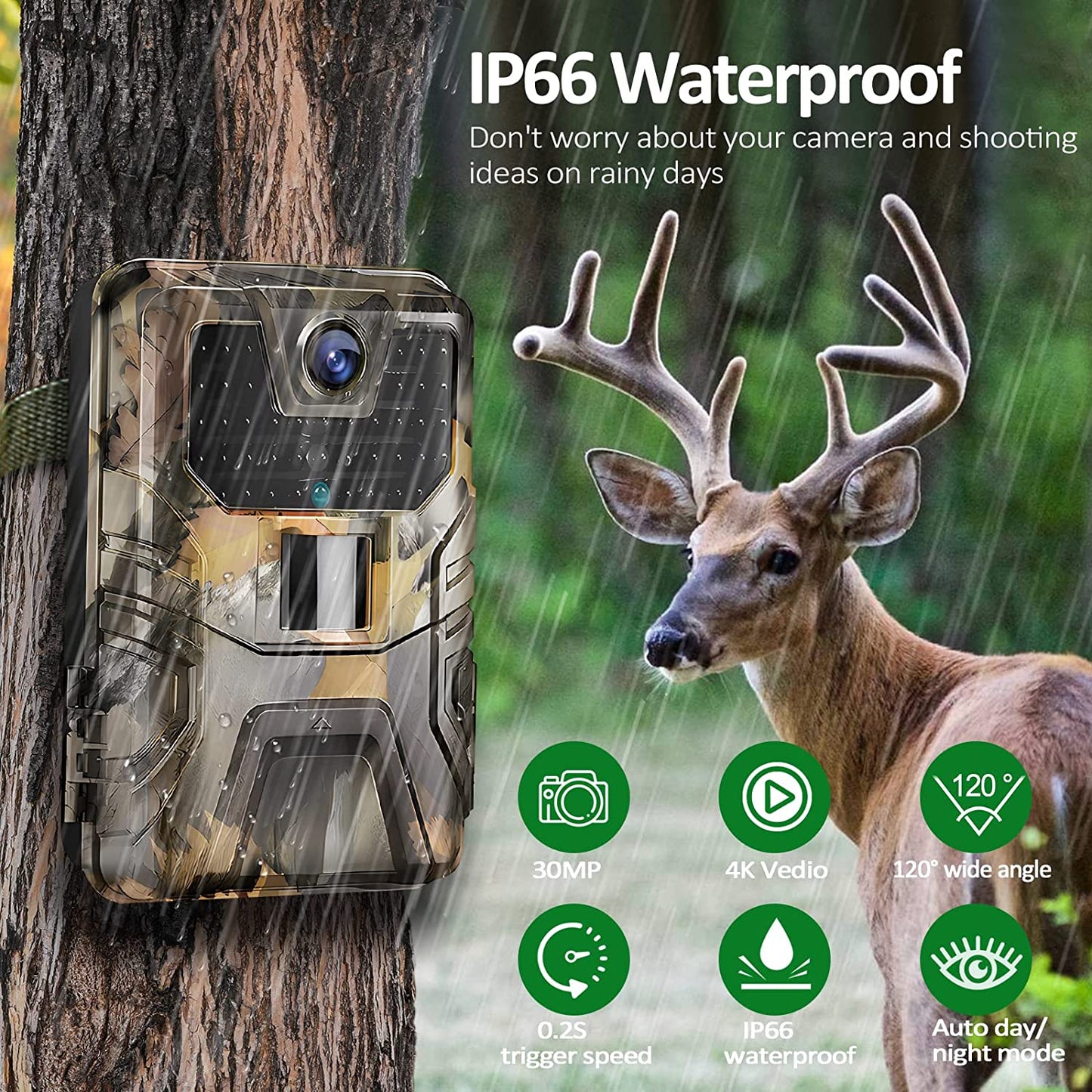 Trail Camera 36MP 1080P Game 120 Detection Range IP66 Waterproof No Glow Night Vision 75ft Trigger Distance Wildlife Monitoring